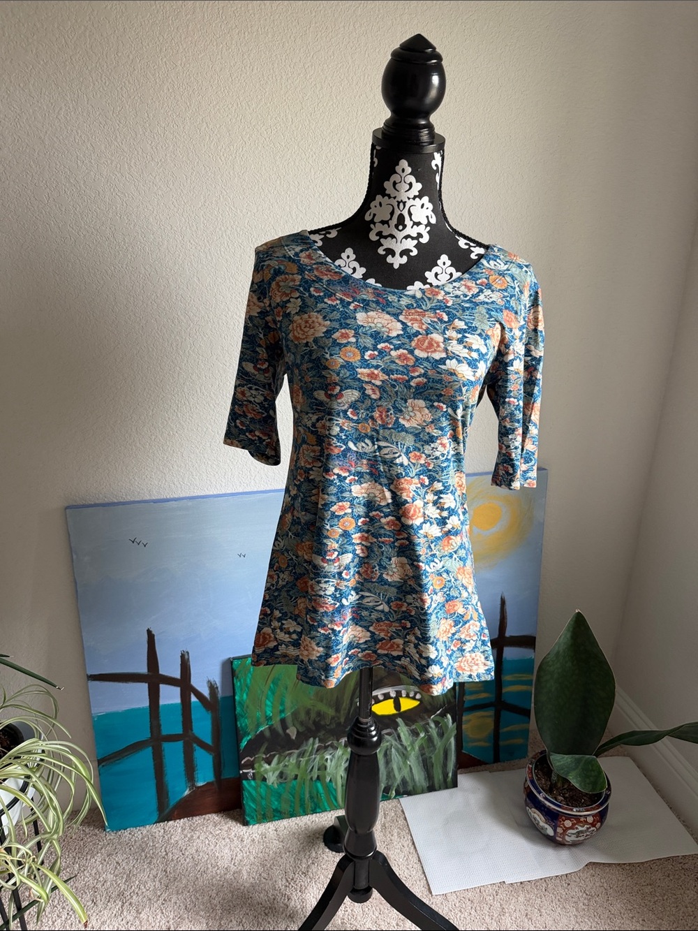 Peruvian Connection Blue Floral Scoop-Neck Tunic